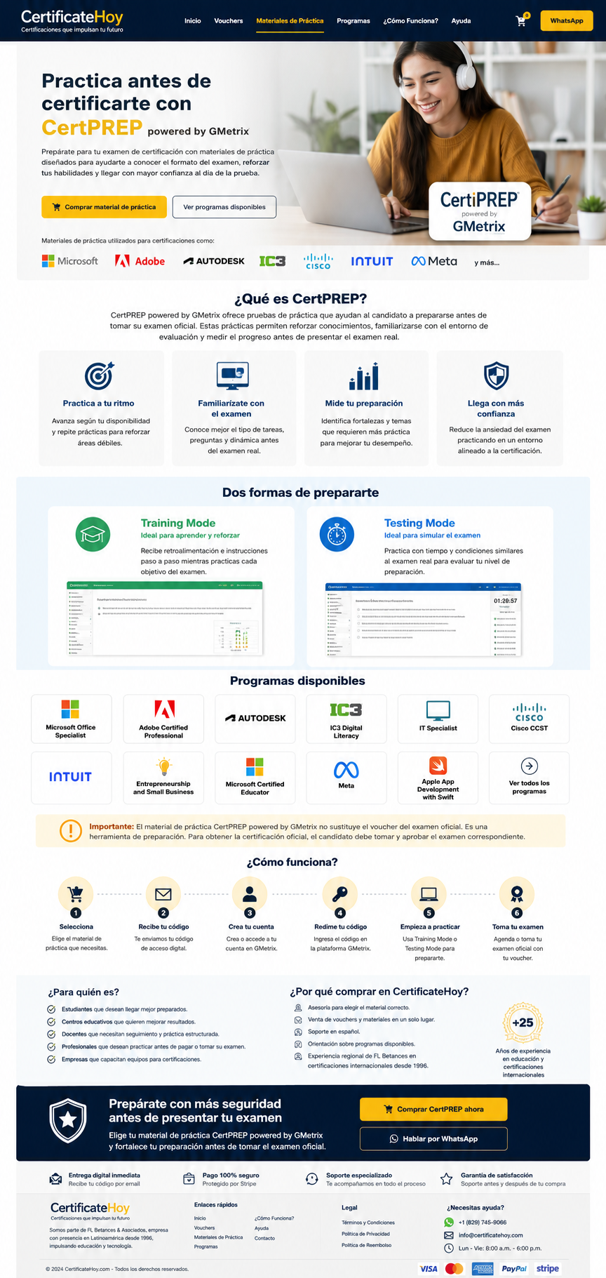 Vista promocional de exámenes de práctica CertificateHoy